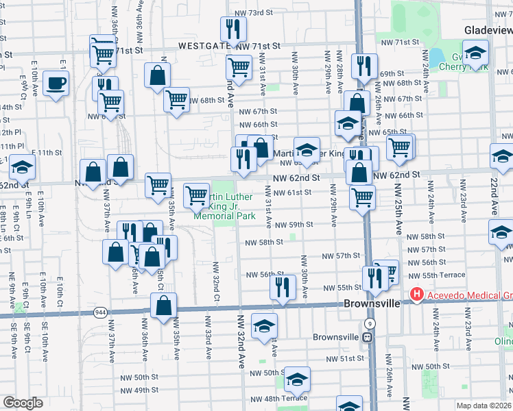 map of restaurants, bars, coffee shops, grocery stores, and more near 3152 Northwest 61st Street in Miami