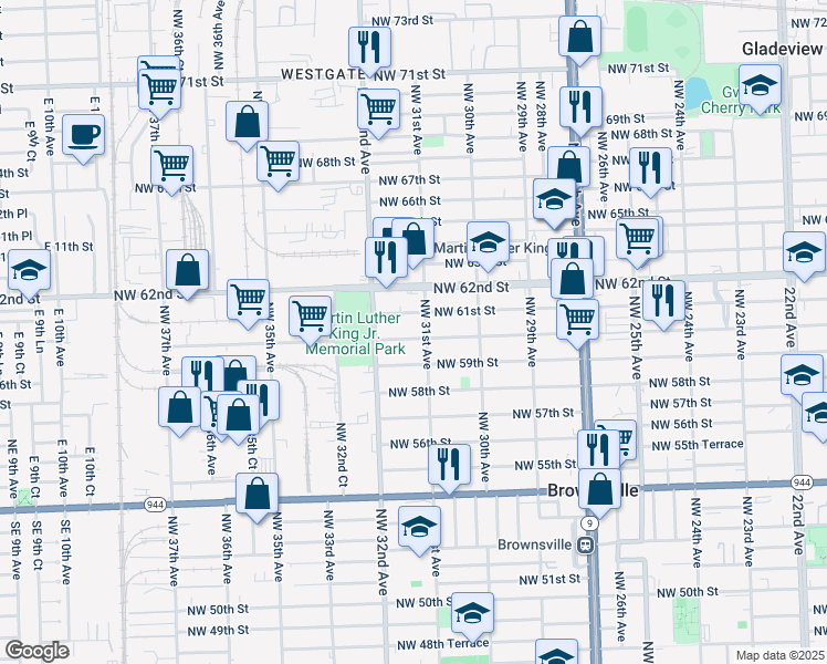 map of restaurants, bars, coffee shops, grocery stores, and more near 3090 Northwest 61st Street in Miami