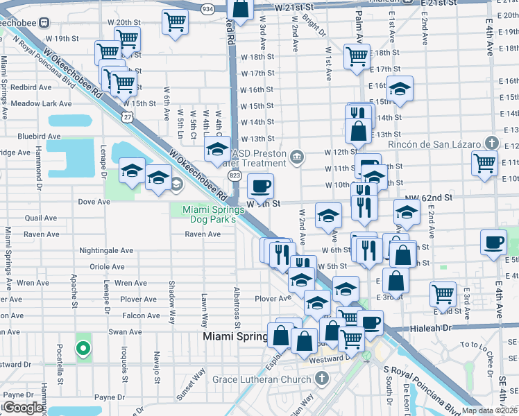 map of restaurants, bars, coffee shops, grocery stores, and more near 910 West 3rd Avenue in Hialeah