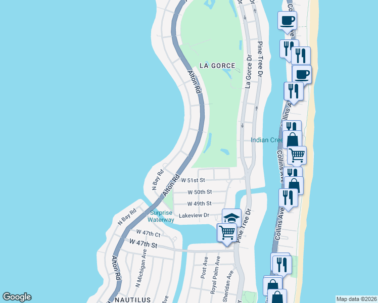 map of restaurants, bars, coffee shops, grocery stores, and more near 5223 North Bay Road in Miami