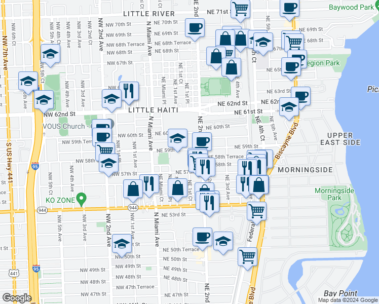 map of restaurants, bars, coffee shops, grocery stores, and more near 167 Northeast 59th Street in Miami