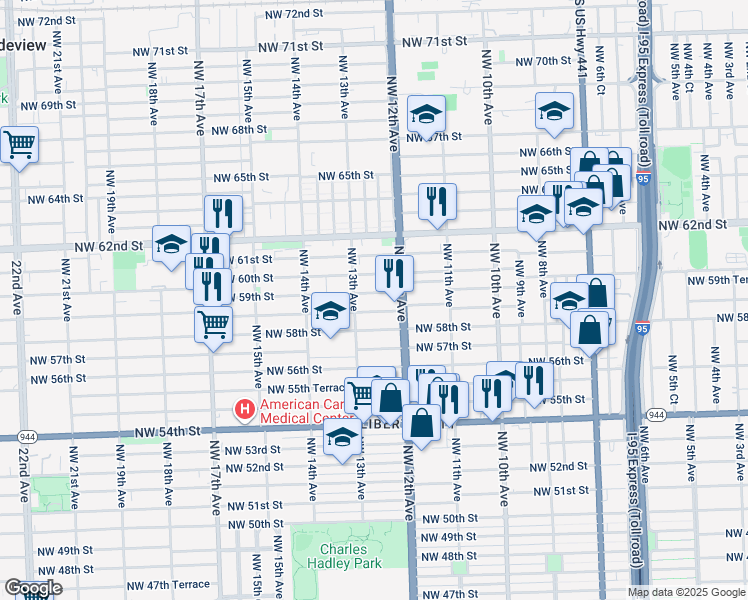 map of restaurants, bars, coffee shops, grocery stores, and more near 5916 Northwest 12th Avenue in Miami