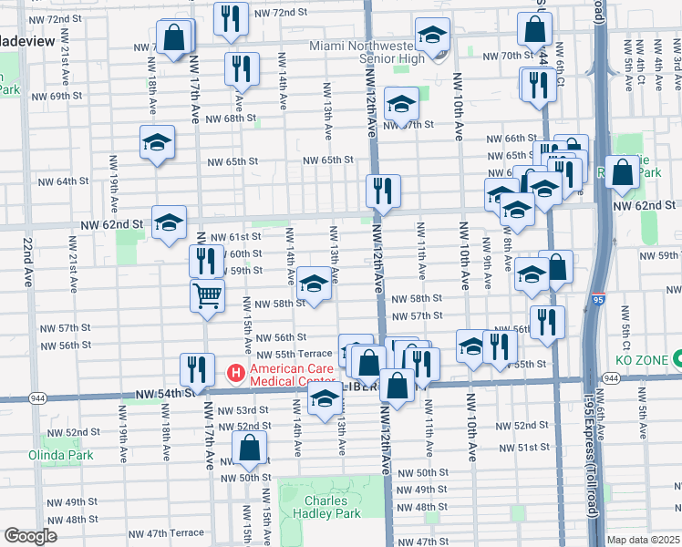 map of restaurants, bars, coffee shops, grocery stores, and more near 1287 Northwest 59th Street in Miami