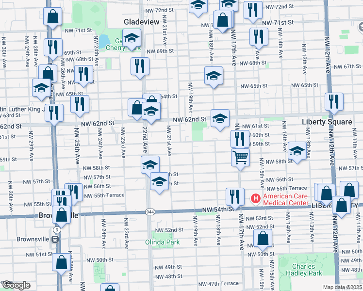 map of restaurants, bars, coffee shops, grocery stores, and more near 6001 Northwest 21st Avenue in Miami