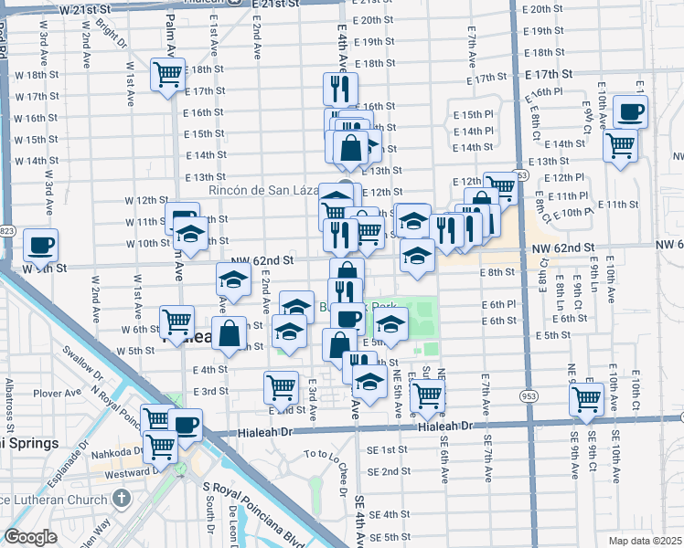 map of restaurants, bars, coffee shops, grocery stores, and more near 380 East 9th Street in Hialeah