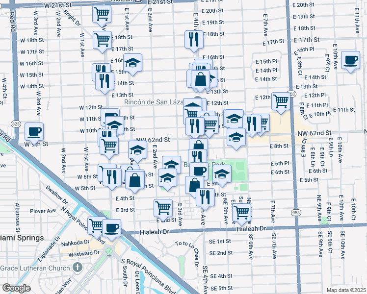 map of restaurants, bars, coffee shops, grocery stores, and more near in Hialeah
