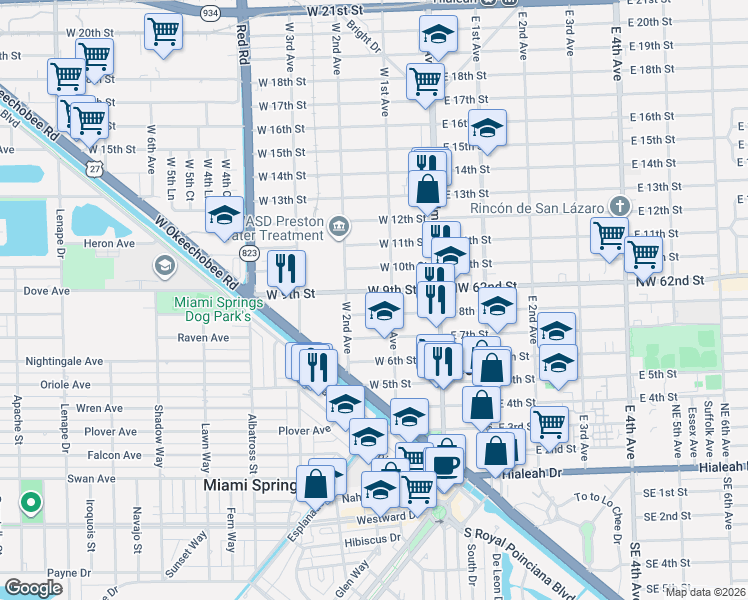 map of restaurants, bars, coffee shops, grocery stores, and more near 149 West 9th Street in Hialeah