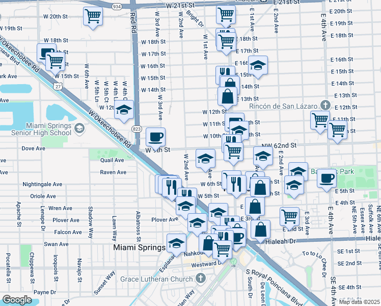 map of restaurants, bars, coffee shops, grocery stores, and more near 149 West 9th Street in Hialeah