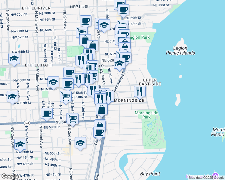 map of restaurants, bars, coffee shops, grocery stores, and more near in Miami