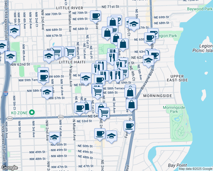map of restaurants, bars, coffee shops, grocery stores, and more near 207 Northeast 59th Street in Miami