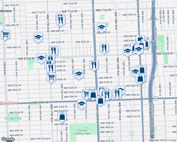 map of restaurants, bars, coffee shops, grocery stores, and more near 1260 Northwest 59th Street in Miami