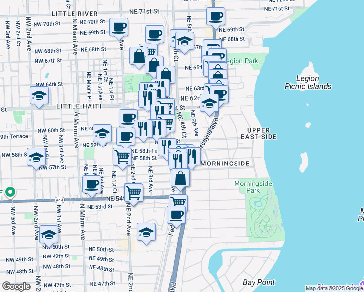 map of restaurants, bars, coffee shops, grocery stores, and more near 418 Northeast 59th Street in Miami