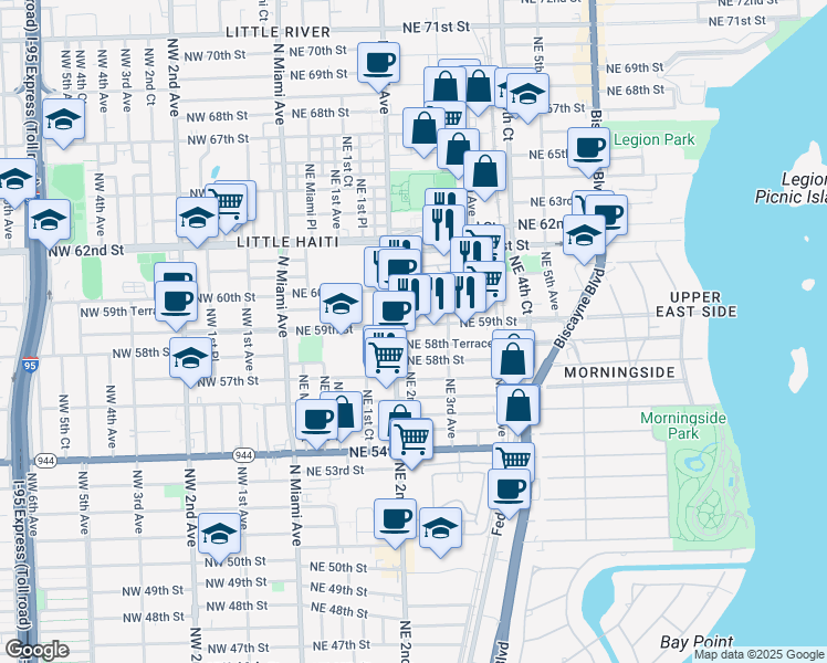map of restaurants, bars, coffee shops, grocery stores, and more near 207 Northeast 59th Street in Miami