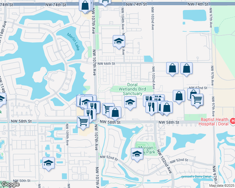 map of restaurants, bars, coffee shops, grocery stores, and more near 10445 Northwest 61 Lane in Doral