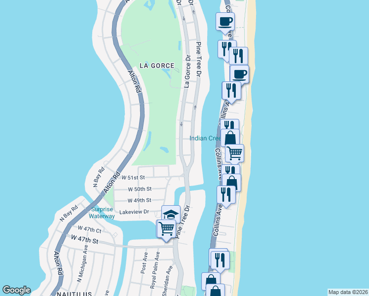 map of restaurants, bars, coffee shops, grocery stores, and more near 5238 Lagorce Drive in Miami Beach
