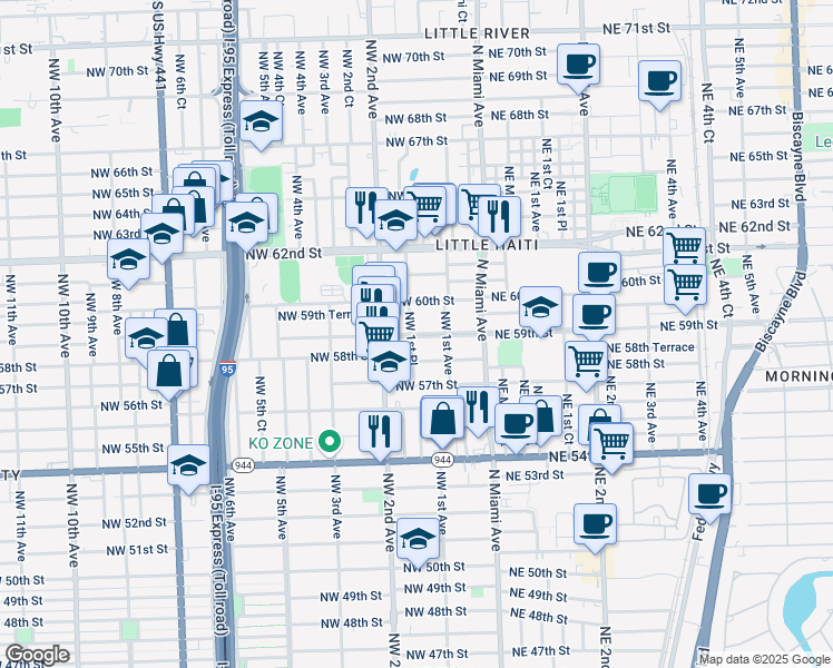 map of restaurants, bars, coffee shops, grocery stores, and more near 165 Northwest 59th Street in Miami