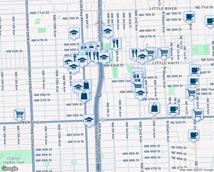 map of restaurants, bars, coffee shops, grocery stores, and more near 5933 Northwest 5th Court in Miami