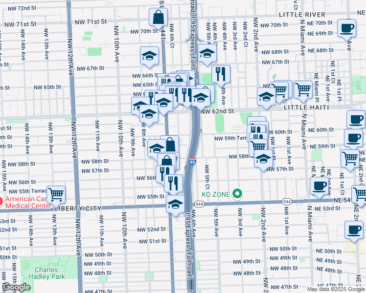 map of restaurants, bars, coffee shops, grocery stores, and more near 610 Northwest 60th Street in Miami