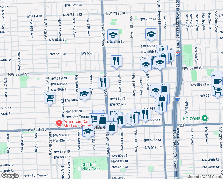 map of restaurants, bars, coffee shops, grocery stores, and more near 1148 Northwest 59th Street in Miami