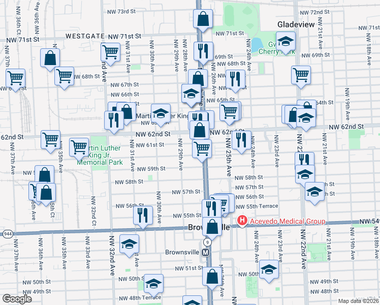map of restaurants, bars, coffee shops, grocery stores, and more near 2750 Northwest 61st Street in Miami