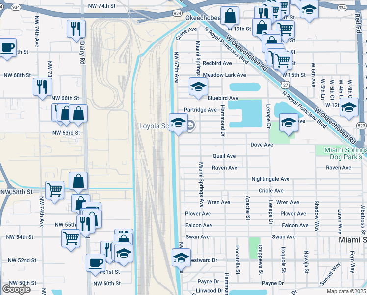 map of restaurants, bars, coffee shops, grocery stores, and more near 1281 Dove Avenue in Miami Springs