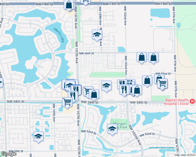 map of restaurants, bars, coffee shops, grocery stores, and more near 10445 Northwest 61 Lane in Doral