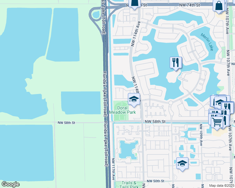 map of restaurants, bars, coffee shops, grocery stores, and more near 6103 Northwest 116 Place in Doral