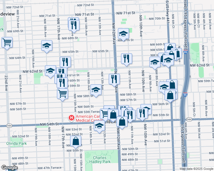map of restaurants, bars, coffee shops, grocery stores, and more near 1287 Northwest 59th Street in Miami