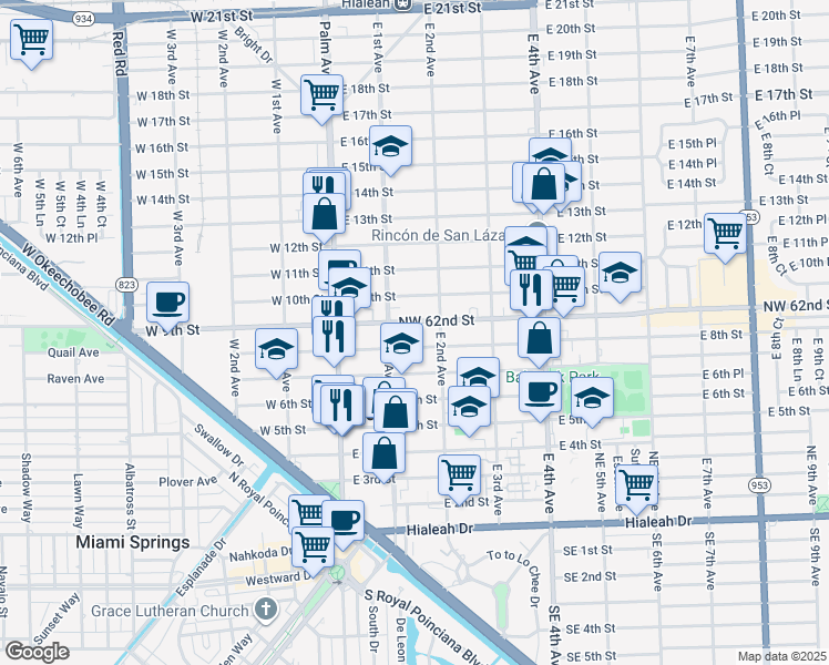 map of restaurants, bars, coffee shops, grocery stores, and more near 134 East 9th Street in Hialeah
