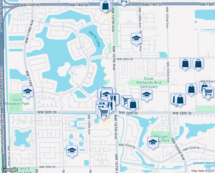 map of restaurants, bars, coffee shops, grocery stores, and more near 10720 Northwest 66th Street in Doral