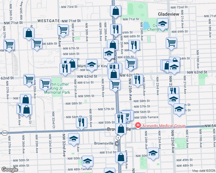 map of restaurants, bars, coffee shops, grocery stores, and more near 2750 Northwest 61st Street in Miami
