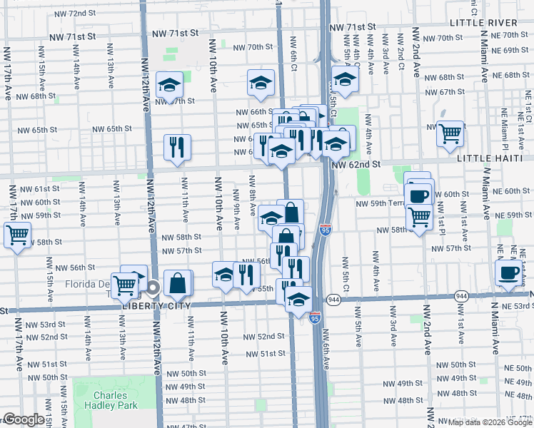 map of restaurants, bars, coffee shops, grocery stores, and more near 5920 Northwest 7th Court in Miami