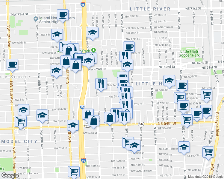 map of restaurants, bars, coffee shops, grocery stores, and more near 292 Northwest 59th Terrace in Miami