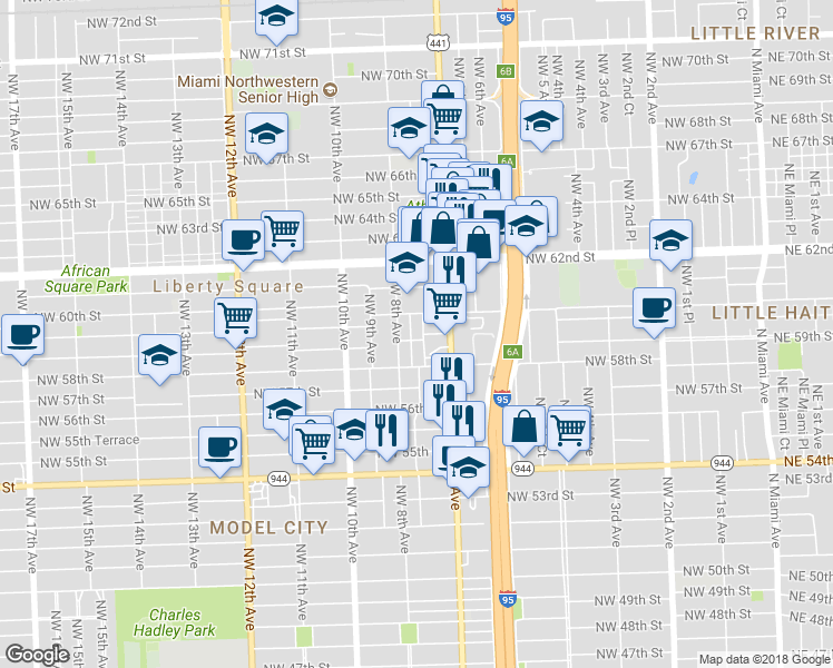 map of restaurants, bars, coffee shops, grocery stores, and more near 5920 Northwest 7th Court in Miami