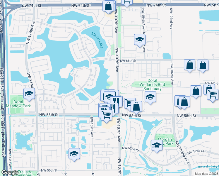map of restaurants, bars, coffee shops, grocery stores, and more near 10720 Northwest 66th Street in Doral
