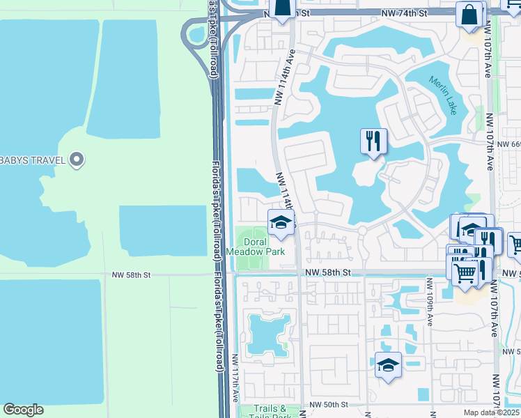 map of restaurants, bars, coffee shops, grocery stores, and more near 6103 Northwest 116 Place in Doral