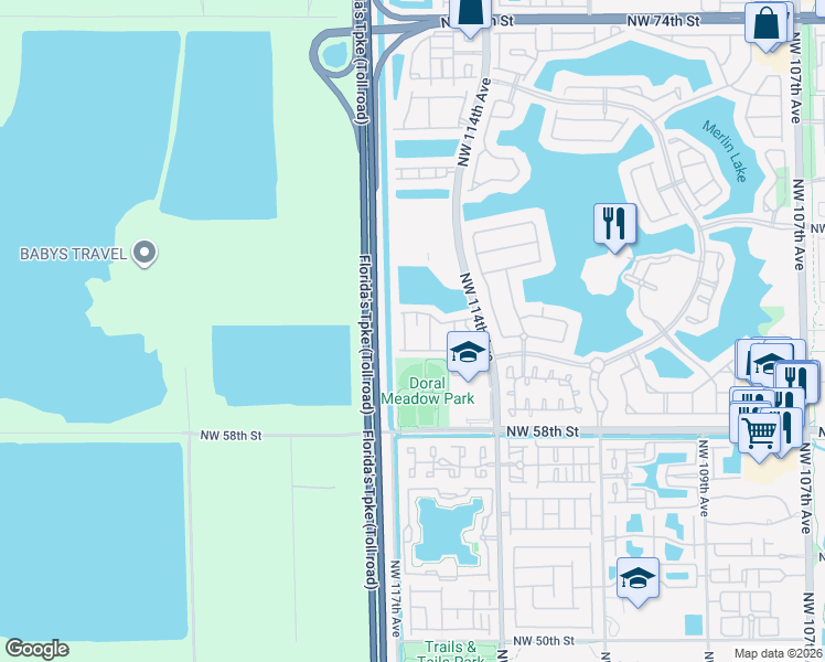 map of restaurants, bars, coffee shops, grocery stores, and more near 6103 Northwest 116 Place in Doral