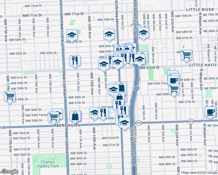 map of restaurants, bars, coffee shops, grocery stores, and more near 5920 Northwest 7th Court in Miami