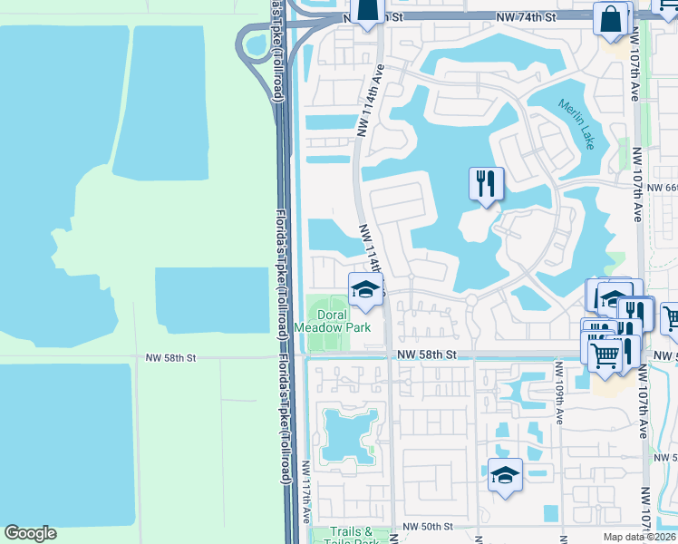 map of restaurants, bars, coffee shops, grocery stores, and more near 6103 Northwest 116 Place in Doral