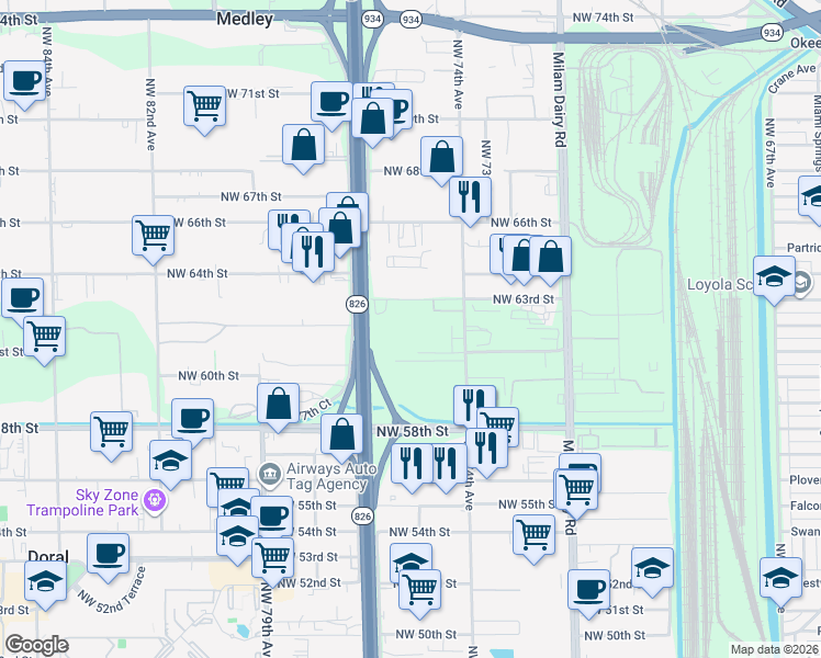 map of restaurants, bars, coffee shops, grocery stores, and more near 7640 Northwest 63rd Street in Miami
