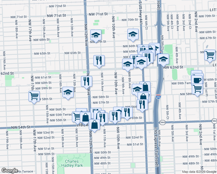 map of restaurants, bars, coffee shops, grocery stores, and more near 1056 Northwest 59th Street in Miami