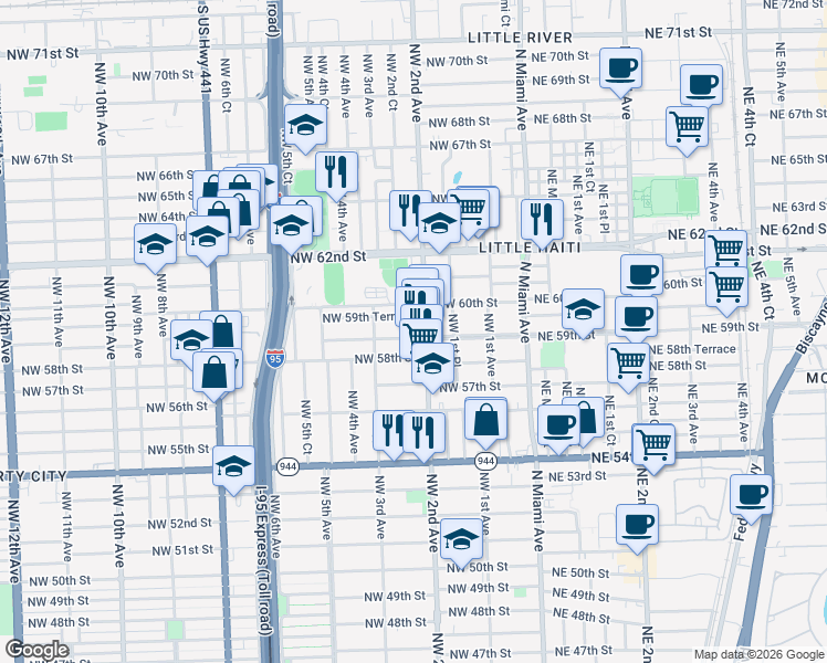 map of restaurants, bars, coffee shops, grocery stores, and more near in Miami