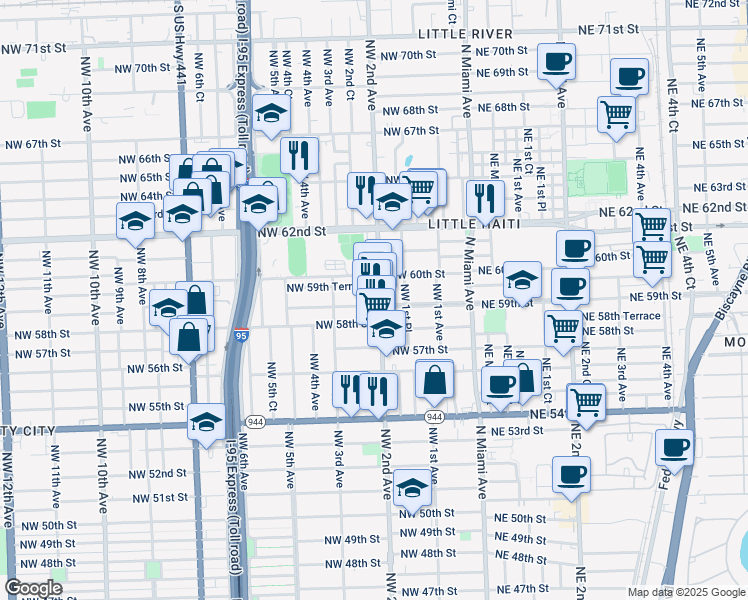 map of restaurants, bars, coffee shops, grocery stores, and more near in Miami