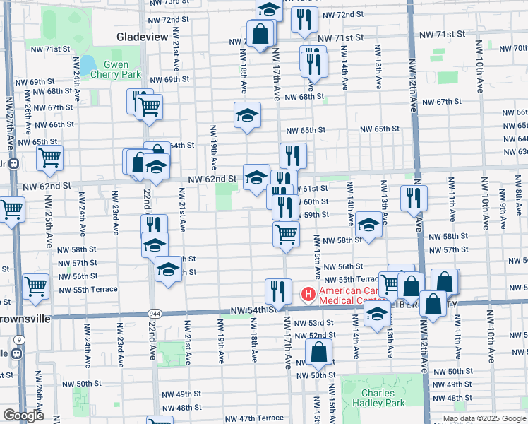 map of restaurants, bars, coffee shops, grocery stores, and more near 1740 Northwest 60th Street in Miami