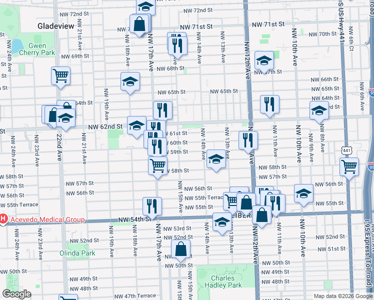 map of restaurants, bars, coffee shops, grocery stores, and more near 1426 Northwest 60th Street in Miami