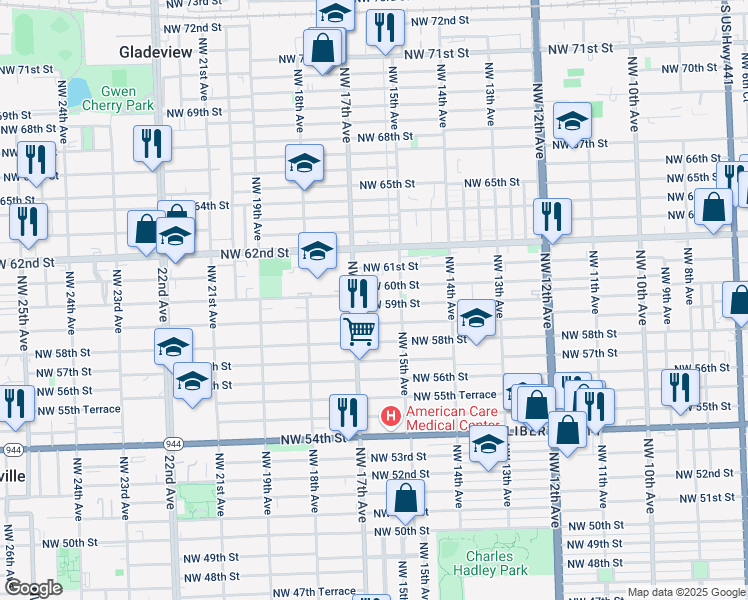 map of restaurants, bars, coffee shops, grocery stores, and more near 1575 Northwest 59th Street in Miami