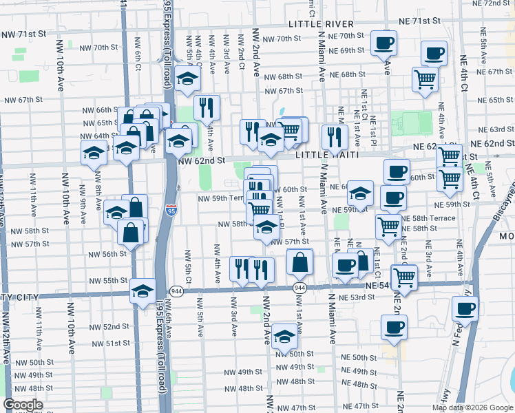 map of restaurants, bars, coffee shops, grocery stores, and more near in Miami
