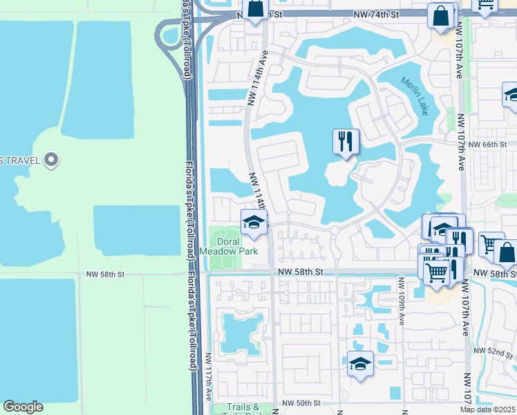 map of restaurants, bars, coffee shops, grocery stores, and more near 11405 Northwest 62nd Terrace in Doral