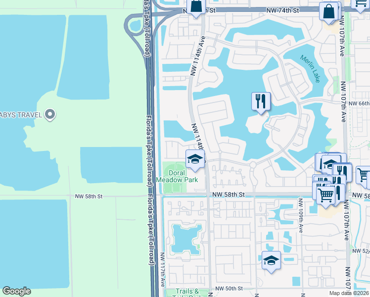 map of restaurants, bars, coffee shops, grocery stores, and more near 11405 Northwest 62nd Terrace in Doral