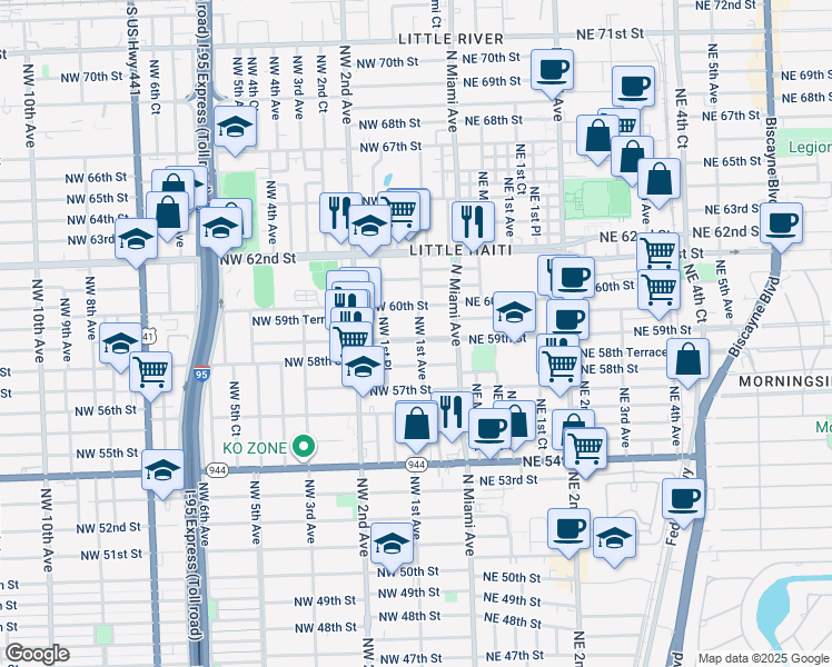 map of restaurants, bars, coffee shops, grocery stores, and more near 5921 Northwest 1st Avenue in Miami